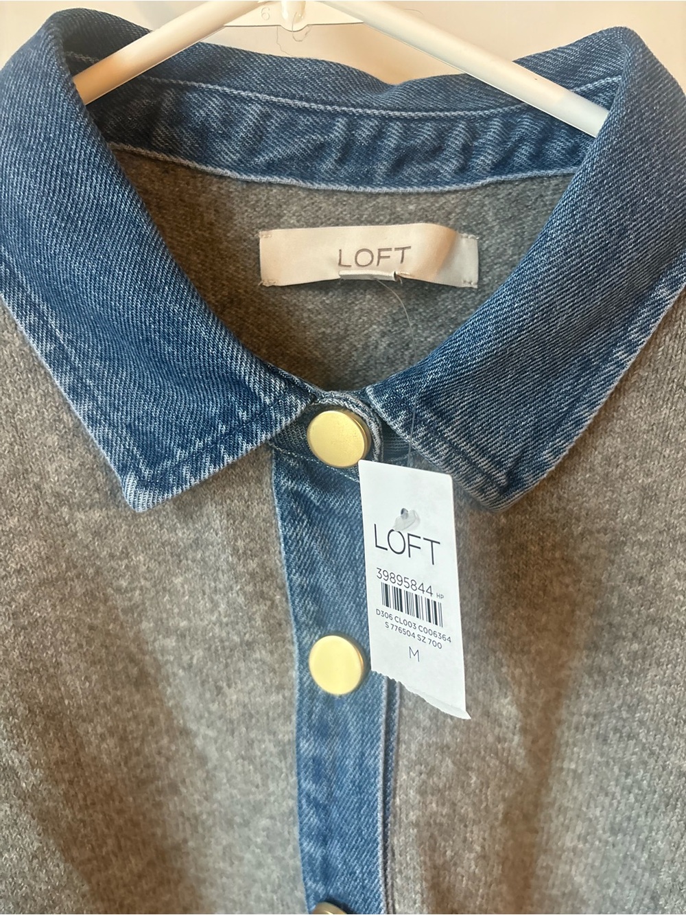 LOFT Gray Pullover with Denim Collar and Placket - Picture 2 of 4